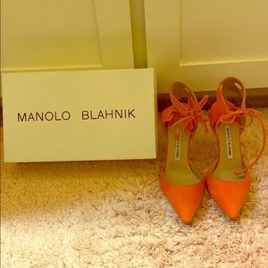 Manolo Blahnik orange suede tie pumps